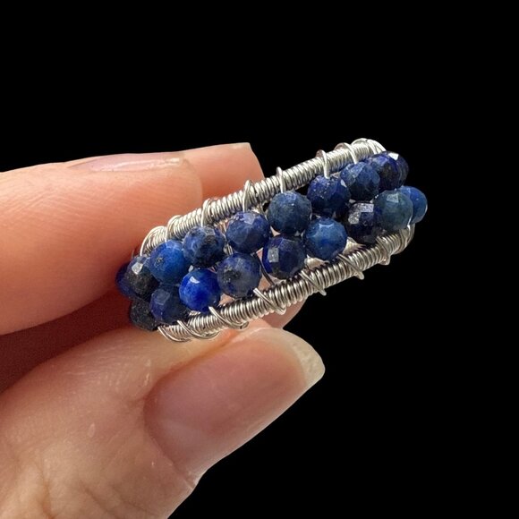 **SOLD**Lapis Lazuli Blue faceted beaded ring gemstone jewelry silver wire - Picture 7 of 8
